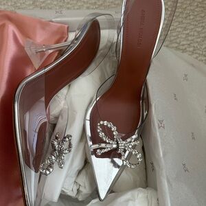 Amina Muaddi Silver Heels with Crystal Embellishment